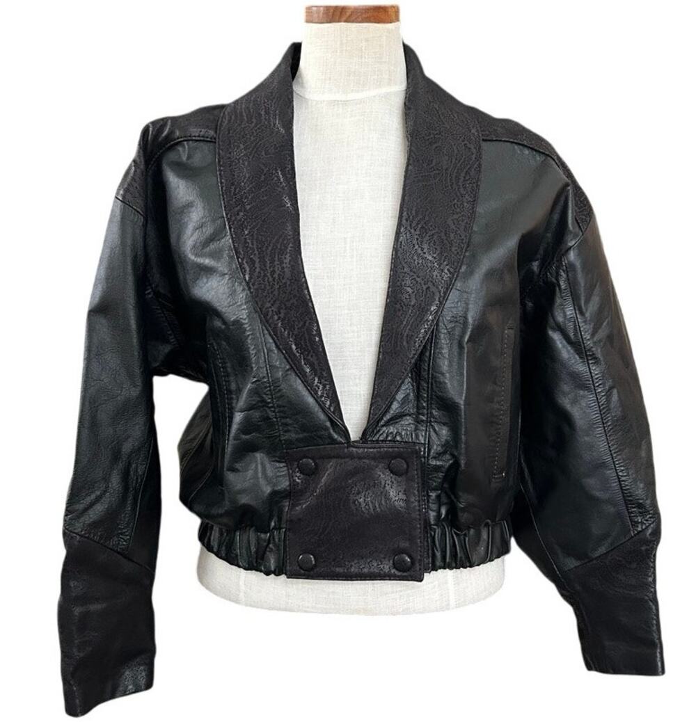 Vtg 80s Cropped Black Leather Jacket M Wide Shoulder Brocade Lapel Made Mexico